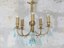 Load image into Gallery viewer, Charming French Vintage Bronze Louis XVI Chandelier Blue Glass Drops Ribbon 1970
