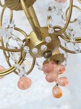 Load image into Gallery viewer, Vintage Chandelier Pink Drops Flowers Prisms Beads Italian Gilded 4 Lights 1940
