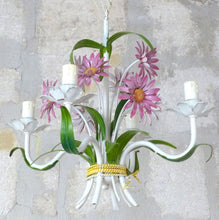 Load image into Gallery viewer, Charming Florentine Chandelier Ceiling Painted Metal Tole Flowers 60&#39;s Italian 4
