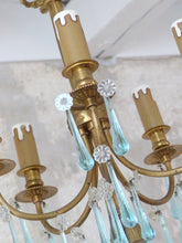 Load image into Gallery viewer, Charming French Vintage Bronze Louis XVI Chandelier Blue Glass Drops Ribbon 1970
