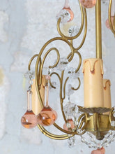 Load image into Gallery viewer, Vintage Chandelier Pink Drops Flowers Prisms Beads Italian Gilded 4 Lights 1940
