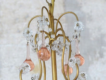 Load image into Gallery viewer, Vintage Chandelier Pink Drops Flowers Prisms Beads Italian Gilded 4 Lights 1940
