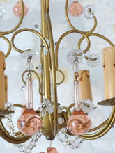 Load image into Gallery viewer, Vintage Chandelier Pink Drops Flowers Prisms Beads Italian Gilded 4 Lights 1940
