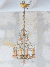 Load image into Gallery viewer, Vintage Chandelier Pink Drops Flowers Prisms Beads Italian Gilded 4 Lights 1940
