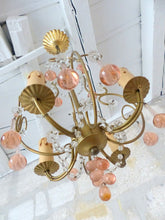 Load image into Gallery viewer, Vintage Chandelier Pink Drops Flowers Prisms Beads Italian Gilded 4 Lights 1940
