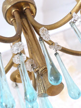 Load image into Gallery viewer, Charming French Vintage Bronze Louis XVI Chandelier Blue Glass Drops Ribbon 1970
