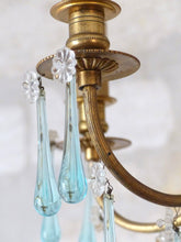 Load image into Gallery viewer, Charming French Vintage Bronze Louis XVI Chandelier Blue Glass Drops Ribbon 1970
