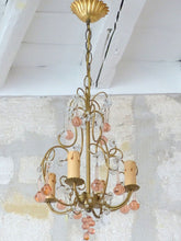 Load image into Gallery viewer, Vintage Chandelier Pink Drops Flowers Prisms Beads Italian Gilded 4 Lights 1940
