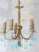 Load image into Gallery viewer, Charming French Vintage Bronze Louis XVI Chandelier Blue Glass Drops Ribbon 1970
