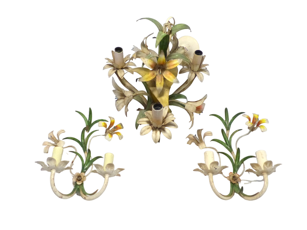 Charming SET Florentine Chandelier Pair Wall Lights Tole Flowers Italian Ceiling