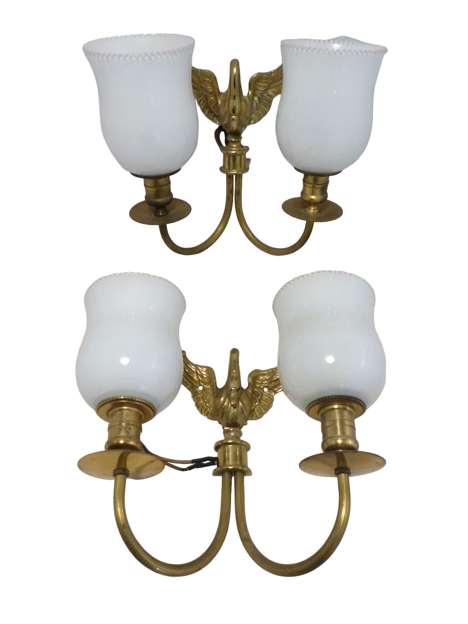 Vintage PAIR French Empire Wall Light Opaline RARE 2 Light Swan Bronze 1950