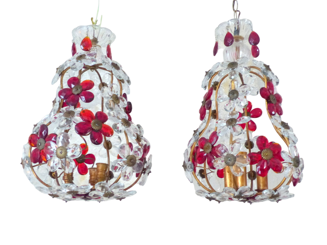 Gorgeous RARE PAIR Ceiling Cage Chandelier Red Prisms Flowers Murano 1930 Bagues