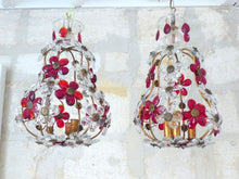 Load image into Gallery viewer, Gorgeous RARE PAIR Ceiling Cage Chandelier Red Prisms Flowers Murano 1930 Bagues
