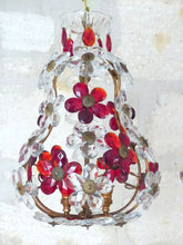 Load image into Gallery viewer, Gorgeous RARE PAIR Ceiling Cage Chandelier Red Prisms Flowers Murano 1930 Bagues
