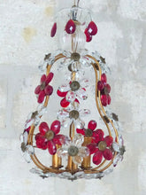 Load image into Gallery viewer, Gorgeous RARE PAIR Ceiling Cage Chandelier Red Prisms Flowers Murano 1930 Bagues
