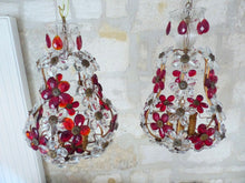 Load image into Gallery viewer, Gorgeous RARE PAIR Ceiling Cage Chandelier Red Prisms Flowers Murano 1930 Bagues
