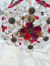 Load image into Gallery viewer, Gorgeous RARE PAIR Ceiling Cage Chandelier Red Prisms Flowers Murano 1930 Bagues
