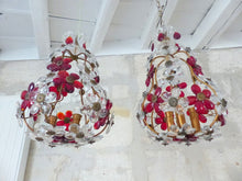 Load image into Gallery viewer, Gorgeous RARE PAIR Ceiling Cage Chandelier Red Prisms Flowers Murano 1930 Bagues
