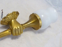 Load image into Gallery viewer, Vintage French Brass Bronze Hand Torch Wall Sconce Holding Glass Lamp Shade 60&#39;s
