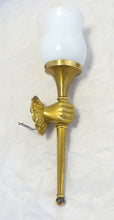 Load image into Gallery viewer, Vintage French Brass Bronze Hand Torch Wall Sconce Holding Glass Lamp Shade 60&#39;s
