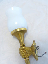 Load image into Gallery viewer, Vintage French Brass Bronze Hand Torch Wall Sconce Holding Glass Lamp Shade 60&#39;s
