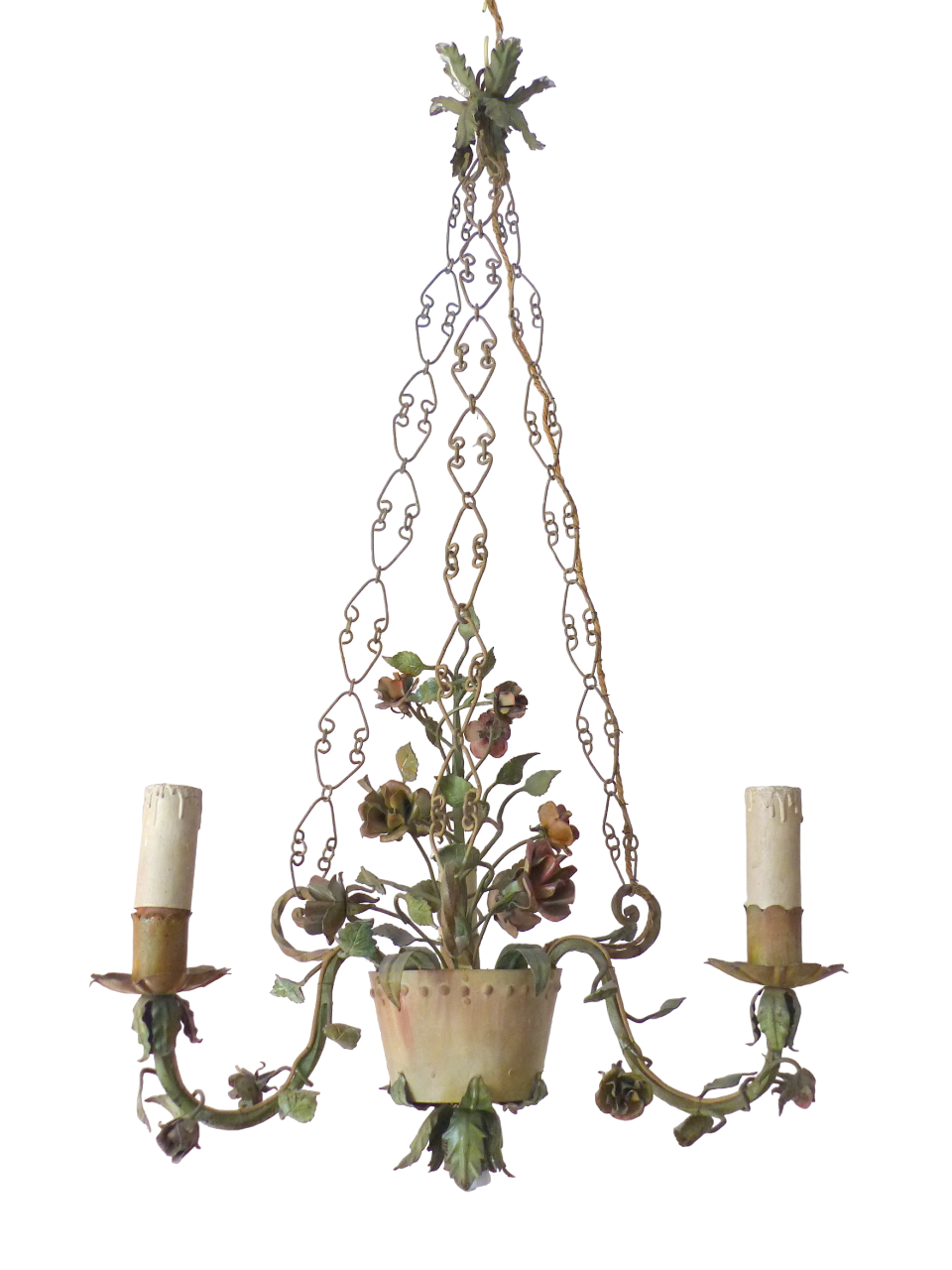 Gorgeous Italian Chandelier Wrought Iron Flowers Pot Foliage 1900 Suspension