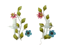 Load image into Gallery viewer, Charming Florentine PAIR Wall Light Enameld Metal Tole Flowers 1980 Italian #2
