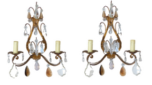 Load image into Gallery viewer, Gorgeous PAIR Antique Wall Light Sconces glass Drops Gilded Metal Italy 1940&#39;s
