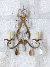 Load image into Gallery viewer, Gorgeous PAIR Antique Wall Light Sconces glass Drops Gilded Metal Italy 1940&#39;s
