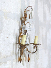 Load image into Gallery viewer, Gorgeous PAIR Antique Wall Light Sconces glass Drops Gilded Metal Italy 1940&#39;s
