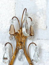 Load image into Gallery viewer, Gorgeous PAIR Antique Wall Light Sconces glass Drops Gilded Metal Italy 1940&#39;s
