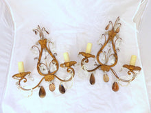 Load image into Gallery viewer, Gorgeous PAIR Antique Wall Light Sconces glass Drops Gilded Metal Italy 1940&#39;s
