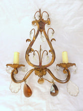 Load image into Gallery viewer, Gorgeous PAIR Antique Wall Light Sconces glass Drops Gilded Metal Italy 1940&#39;s
