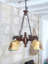 Load image into Gallery viewer, Large Vintage French Carved Wood Gothic Chimera Chandelier 6 Lights Gargoye 1950
