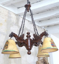 Load image into Gallery viewer, Large Vintage French Carved Wood Gothic Chimera Chandelier 6 Lights Gargoye 1950
