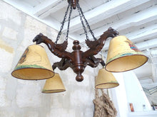 Load image into Gallery viewer, Large Vintage French Carved Wood Gothic Chimera Chandelier 6 Lights Gargoye 1950
