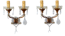 Load image into Gallery viewer, Gorgeous PAIR Vintage Wall Light Sconces glass Drops Gilded Metal Italy 1950&#39;s
