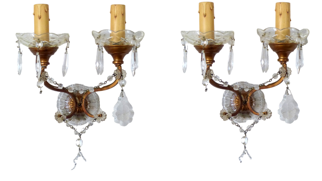 Gorgeous PAIR Vintage Wall Light Sconces glass Drops Gilded Metal Italy 1950's