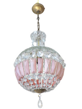 Load image into Gallery viewer, French Vintage Crystal Prisms Pink Plaques Drops Cage Chandelier Ball 1950
