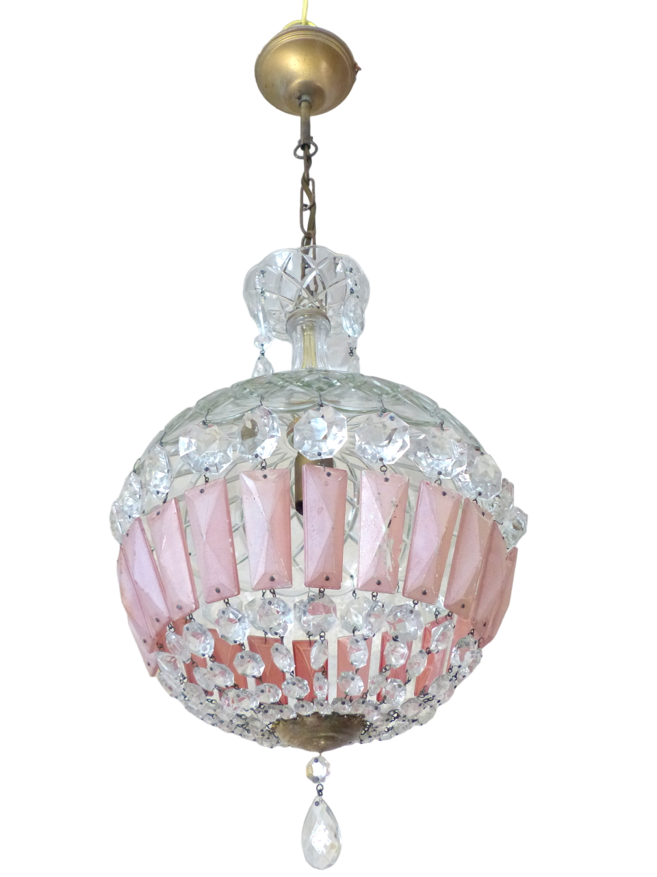 French Vintage Crystal Prisms Pink Plaques Drops Cage Chandelier Ball 1950