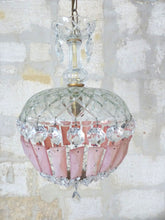Load image into Gallery viewer, French Vintage Crystal Prisms Pink Plaques Drops Cage Chandelier Ball 1950
