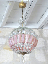 Load image into Gallery viewer, French Vintage Crystal Prisms Pink Plaques Drops Cage Chandelier Ball 1950
