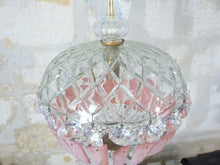 Load image into Gallery viewer, French Vintage Crystal Prisms Pink Plaques Drops Cage Chandelier Ball 1950
