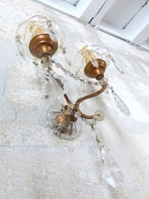 Load image into Gallery viewer, Gorgeous PAIR Vintage Wall Light Sconces glass Drops Gilded Metal Italy 1950&#39;s
