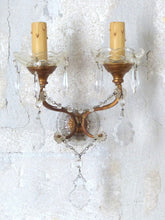 Load image into Gallery viewer, Gorgeous PAIR Vintage Wall Light Sconces glass Drops Gilded Metal Italy 1950&#39;s
