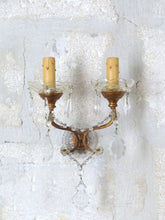 Load image into Gallery viewer, Gorgeous PAIR Vintage Wall Light Sconces glass Drops Gilded Metal Italy 1950&#39;s
