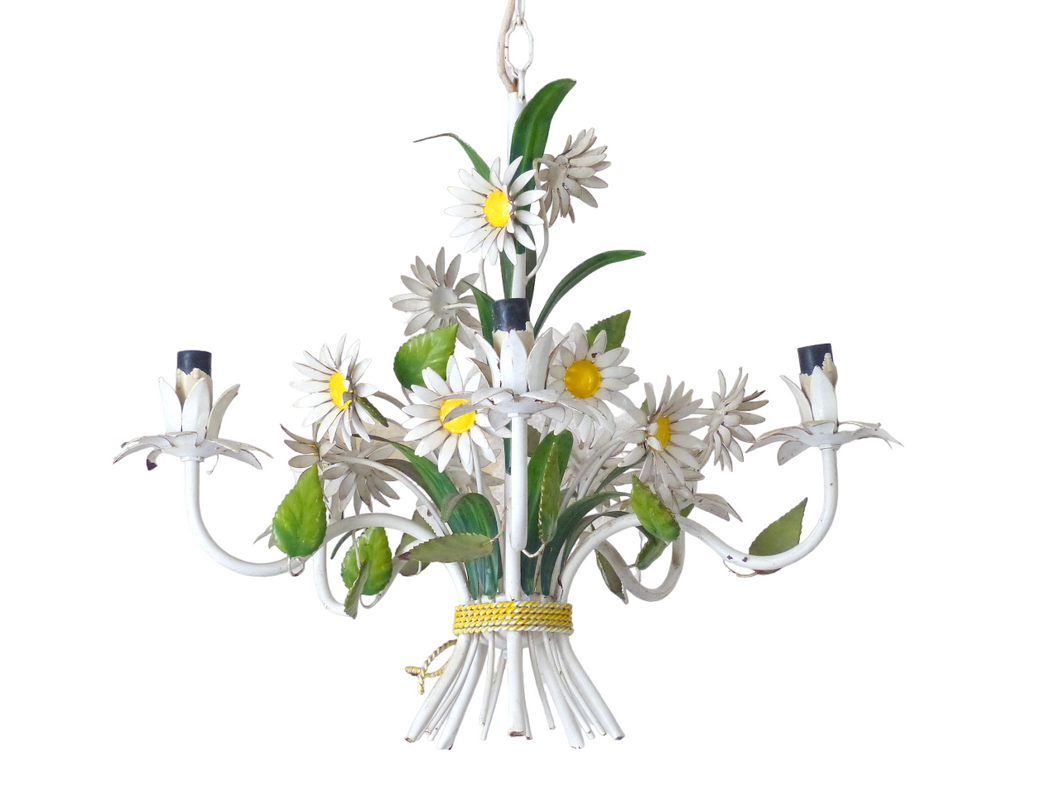 Charming Florentine Chandelier Painted Metal Tole Flowers 60's Italian Ceiling