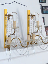 Load image into Gallery viewer, Vintage Large XL PAIR Wall Light Clear Crystal Drop Cup Beads 1960 RARE Sconce
