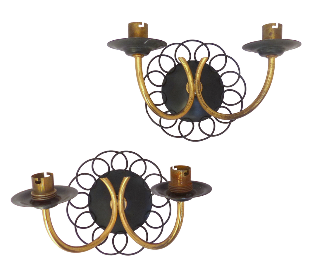 Gorgeous Pair Wall Light Sconces ART DECO France 1950 Black Metal Brass