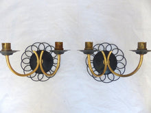 Load image into Gallery viewer, Gorgeous Pair Wall Light Sconces ART DECO France 1950 Black Metal Brass
